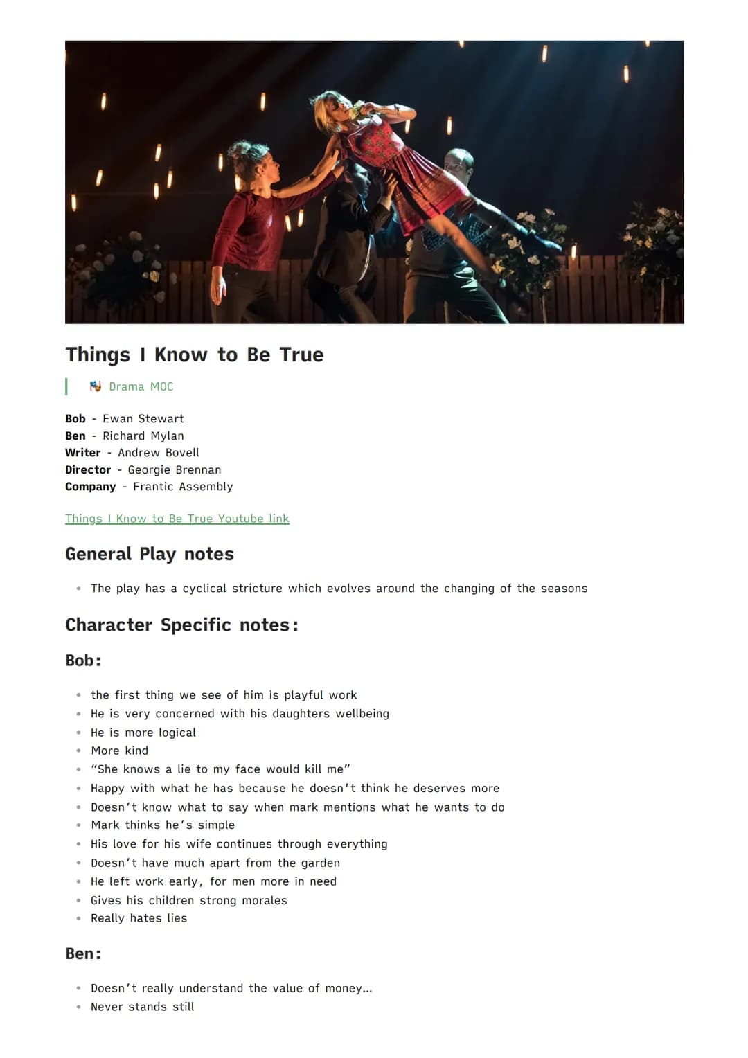 Things I Know to Be True
Drama MOC
Bob Ewan Stewart
Ben Richard Mylan
Writer Andrew Bovell
Director Georgie Brennan
Company Frantic Assemb