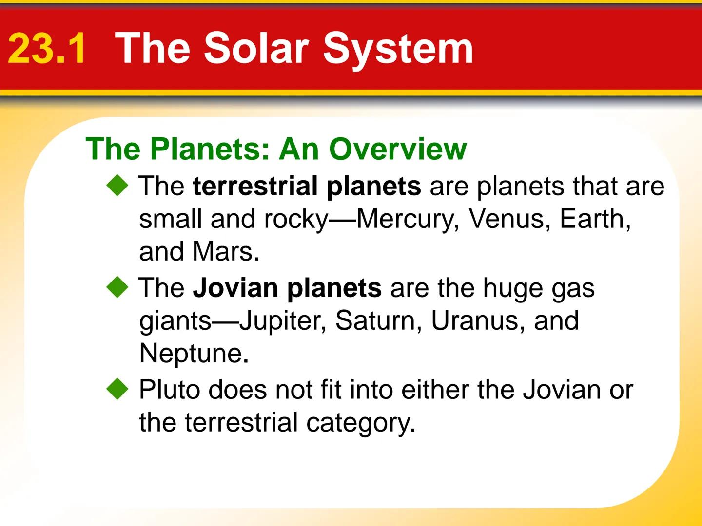 Chapter Touring Our
23 Solar System # 23.1 The Solar System
The Planets: An Overview
* The **terrestrial planets** are planets that are