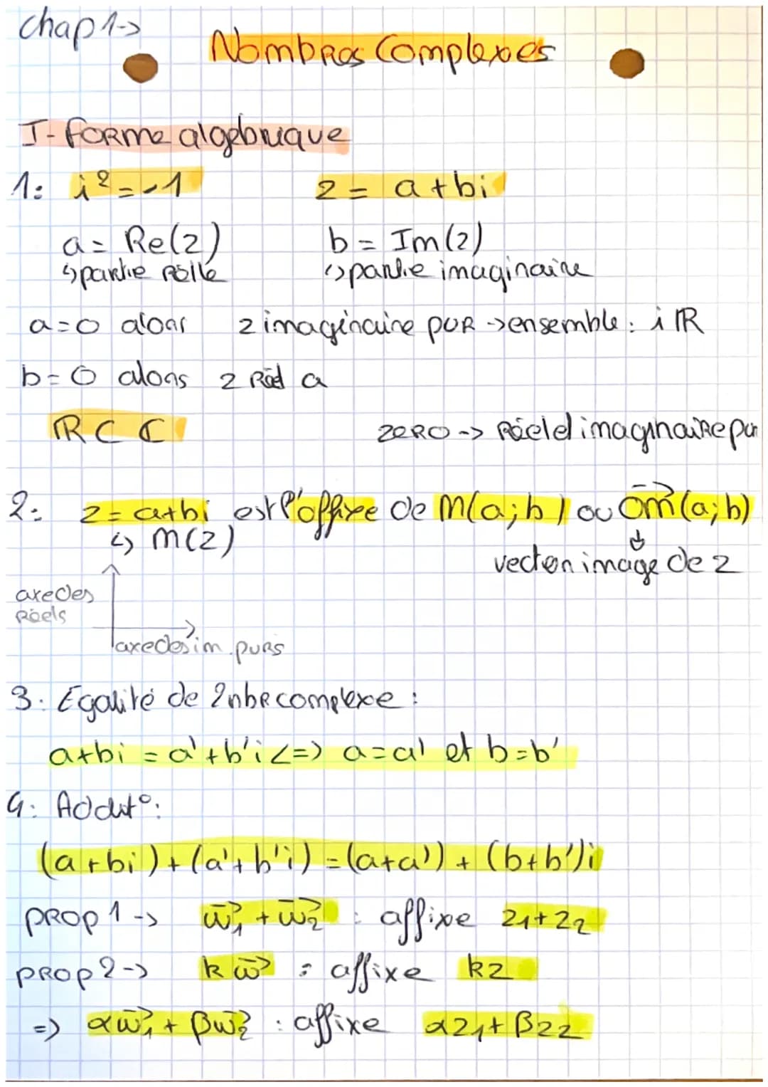 chap 1
Nombres Complexes
J-Forme algebruque
1: $i^2$=-1
2 = a+bi
a = Re(2)
Spartie polle
b = Im (2)
parlie imaginaire
a=0 aloar
2 ima
