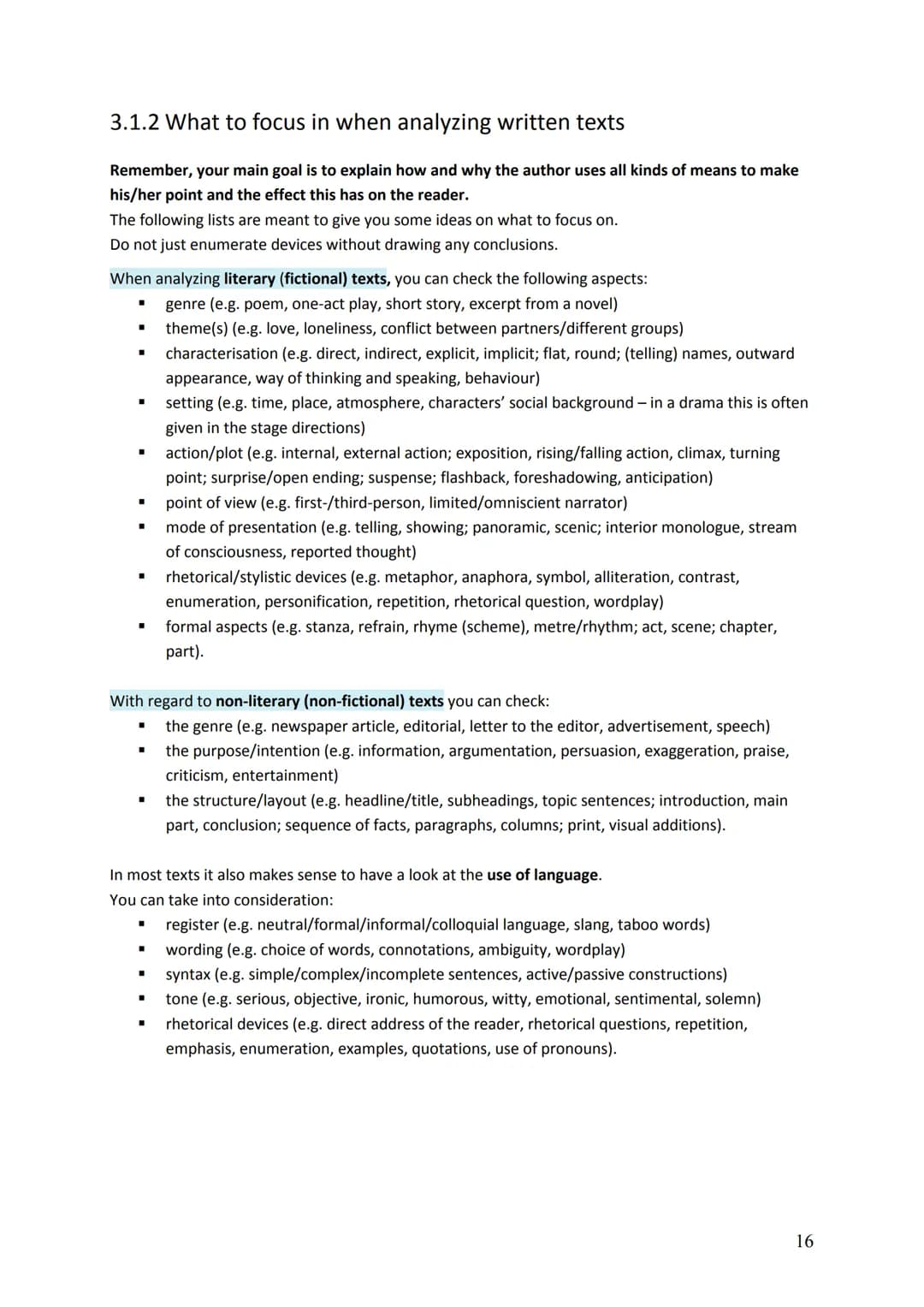 # 3 Analyzing texts
## 3.1 Analyzing written texts
### 3.1.1 Criteria for analyzing written texts
In an analysis, you are expected to sho