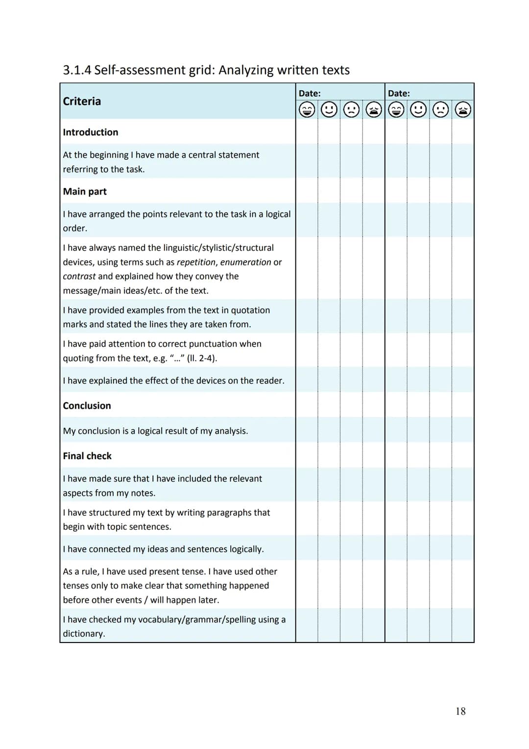 # 3 Analyzing texts
## 3.1 Analyzing written texts
### 3.1.1 Criteria for analyzing written texts
In an analysis, you are expected to sho