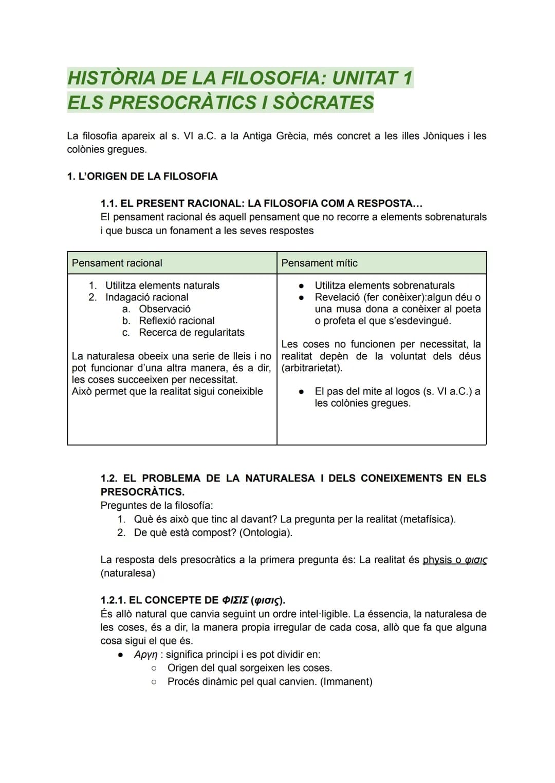 # HISTÒRIA DE LA FILOSOFIA: UNITAT 1
ELS PRESOCRÀTICS I SOCRATES
La filosofia apareix al s. VI a.C. a la Antiga Grècia, més concret a les i