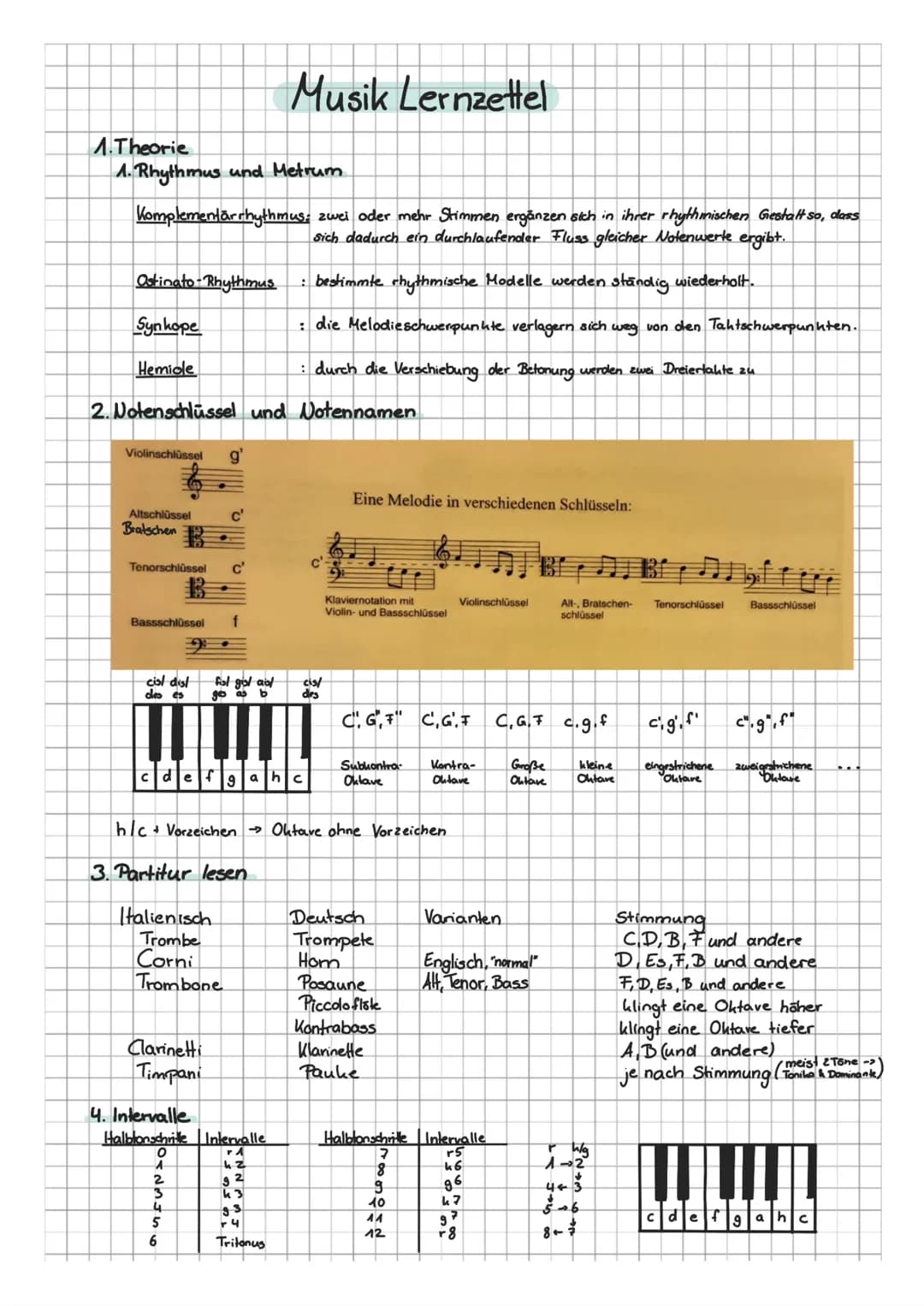 # Musik Lernzettel
1. Theorie
1. Rhythmus und Metrum
Komplementärrhythmus; zwei oder mehr Stimmen ergänzen sich in ihrer rhythmischen Ges