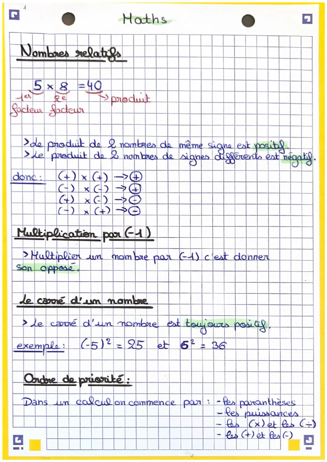 # Maths
Nombres relatifs
5 x 8 =40
fer
Re
Sacteur Sacteur
produit
> de produit de I nombres de même signe est positif.
> Le produit