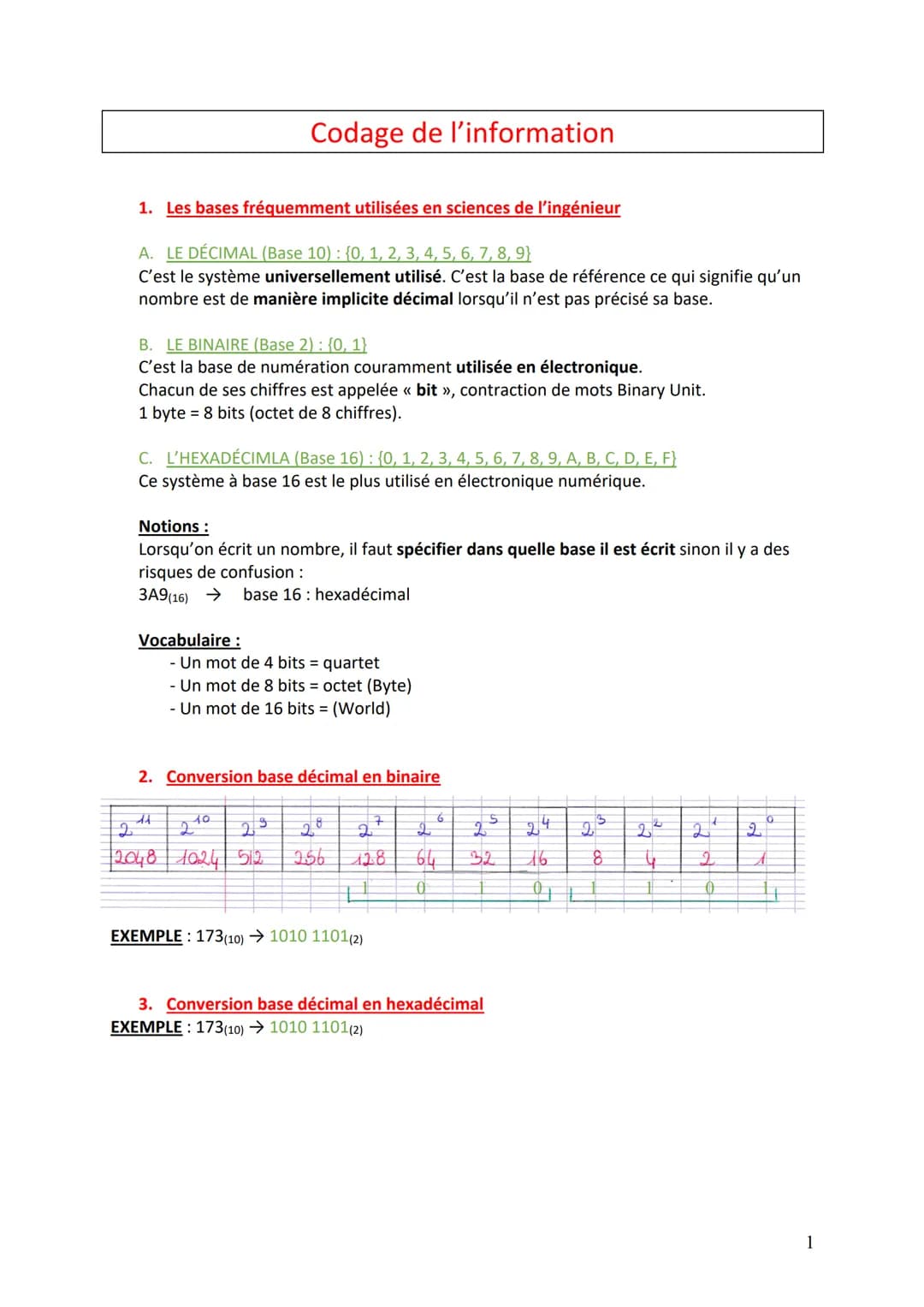 # Codage de l'information
1. Les bases fréquemment utilisées en sciences de l'ingénieur
A. LE DÉCIMAL (Base 10): (0, 1, 2, 3, 4, 5, 6, 7,