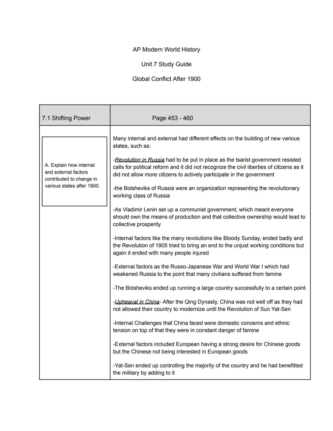 AP Modern World History
Unit 7 Study Guide
Global Conflict After 1900
7.1 Shifting Power
Page 453-460
A. Explain how internal
and exte