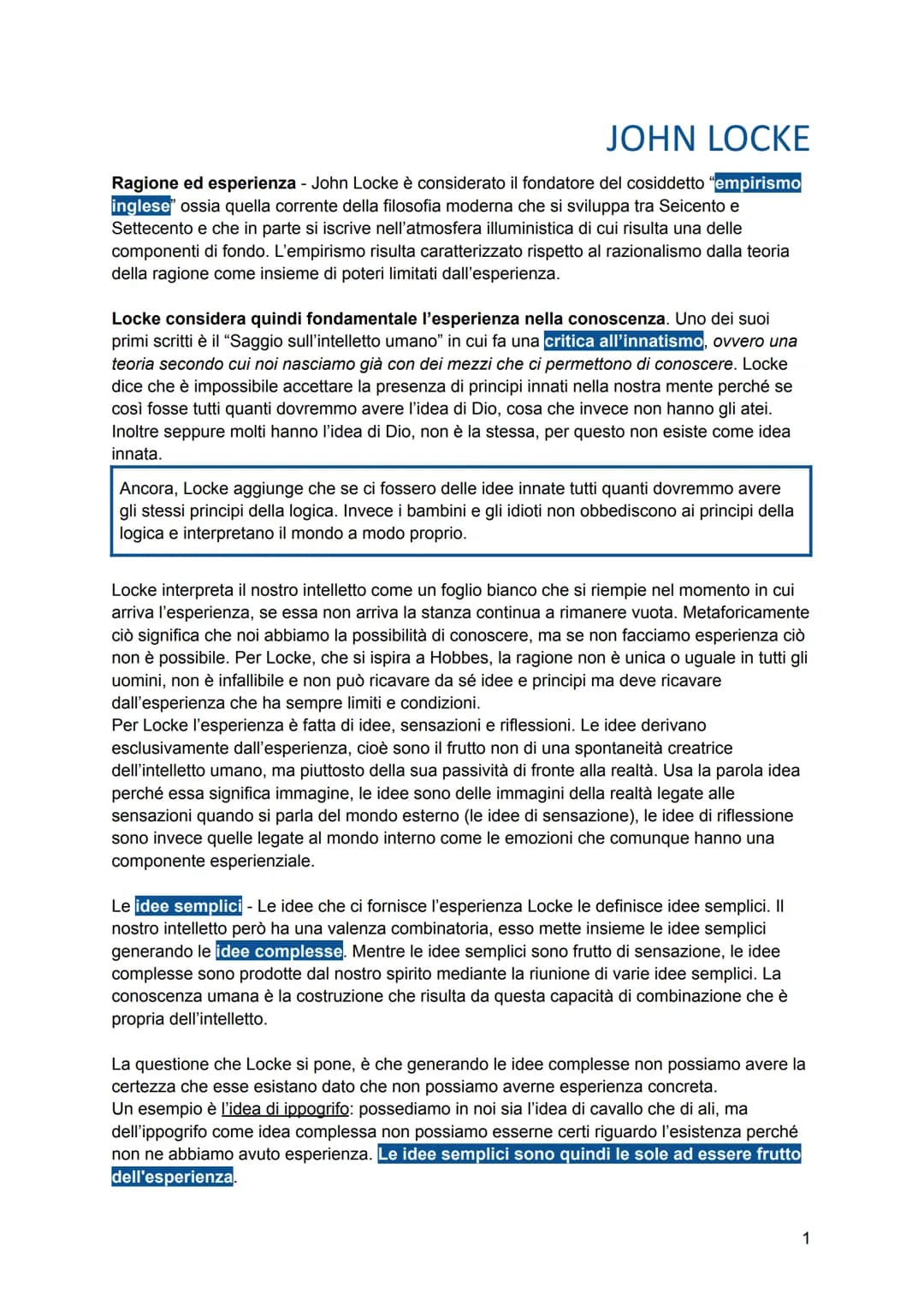 # JOHN LOCKE
Ragione ed esperienza - John Locke è considerato il fondatore del cosiddetto "empirismo
inglese ossia quella corrente della fi
