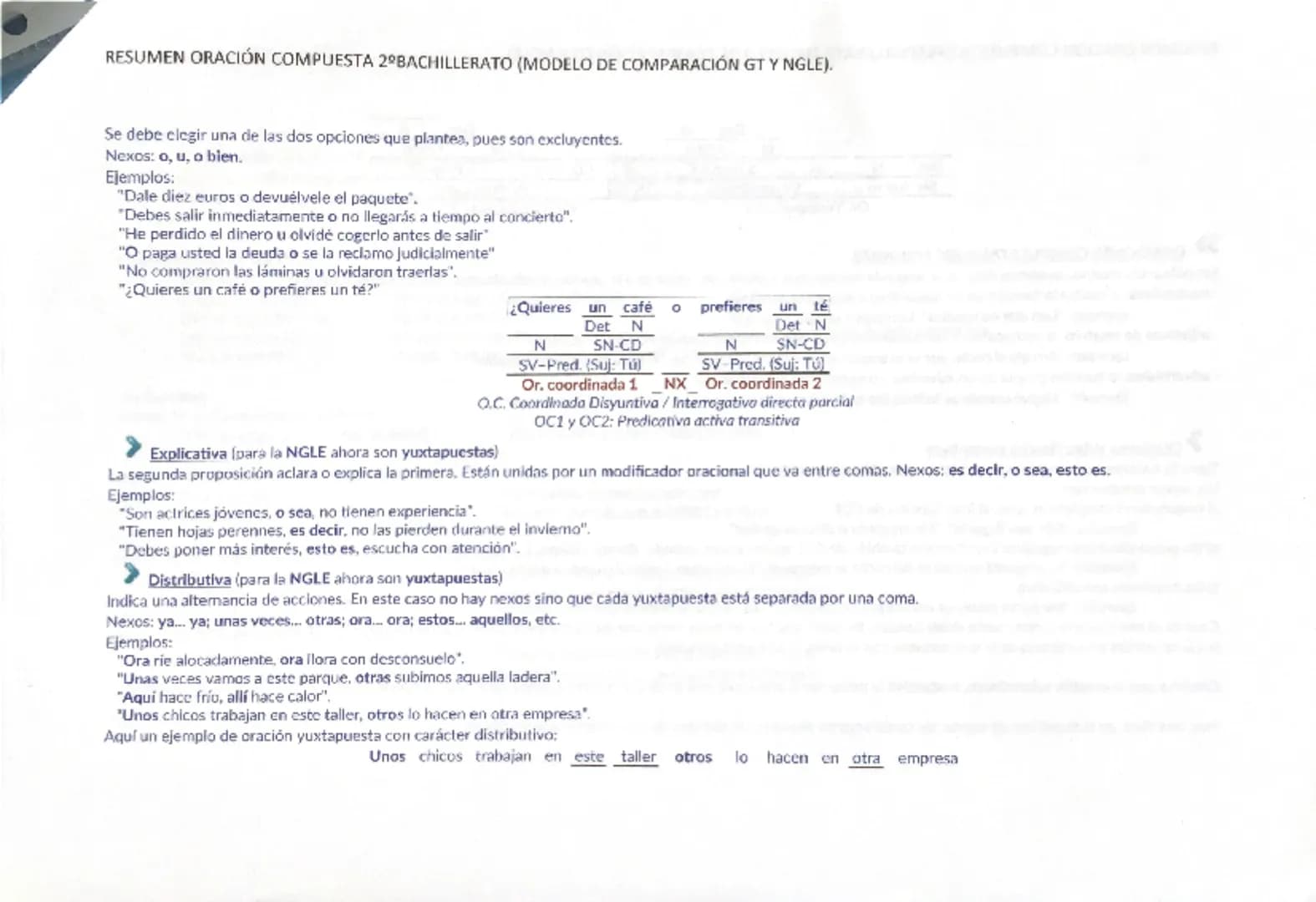 # RESUMEN ORACIÓN COMPUESTA 2º BACHILLERATO (MODELO DE COMPARACIÓN GT Y NGLE).
Una oración es compuesta (o compleja) cuando tiene más de do