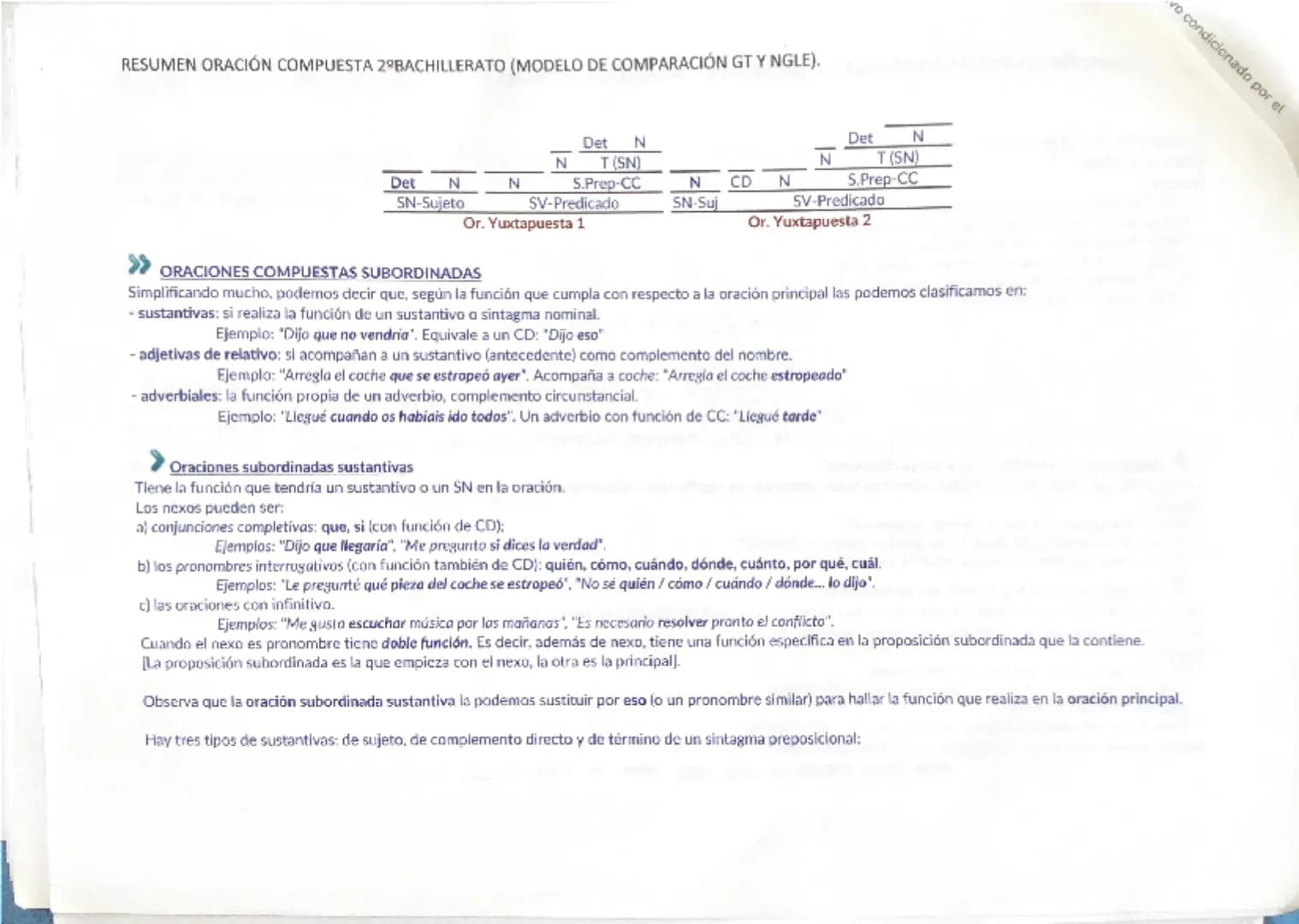 # RESUMEN ORACIÓN COMPUESTA 2º BACHILLERATO (MODELO DE COMPARACIÓN GT Y NGLE).
Una oración es compuesta (o compleja) cuando tiene más de do