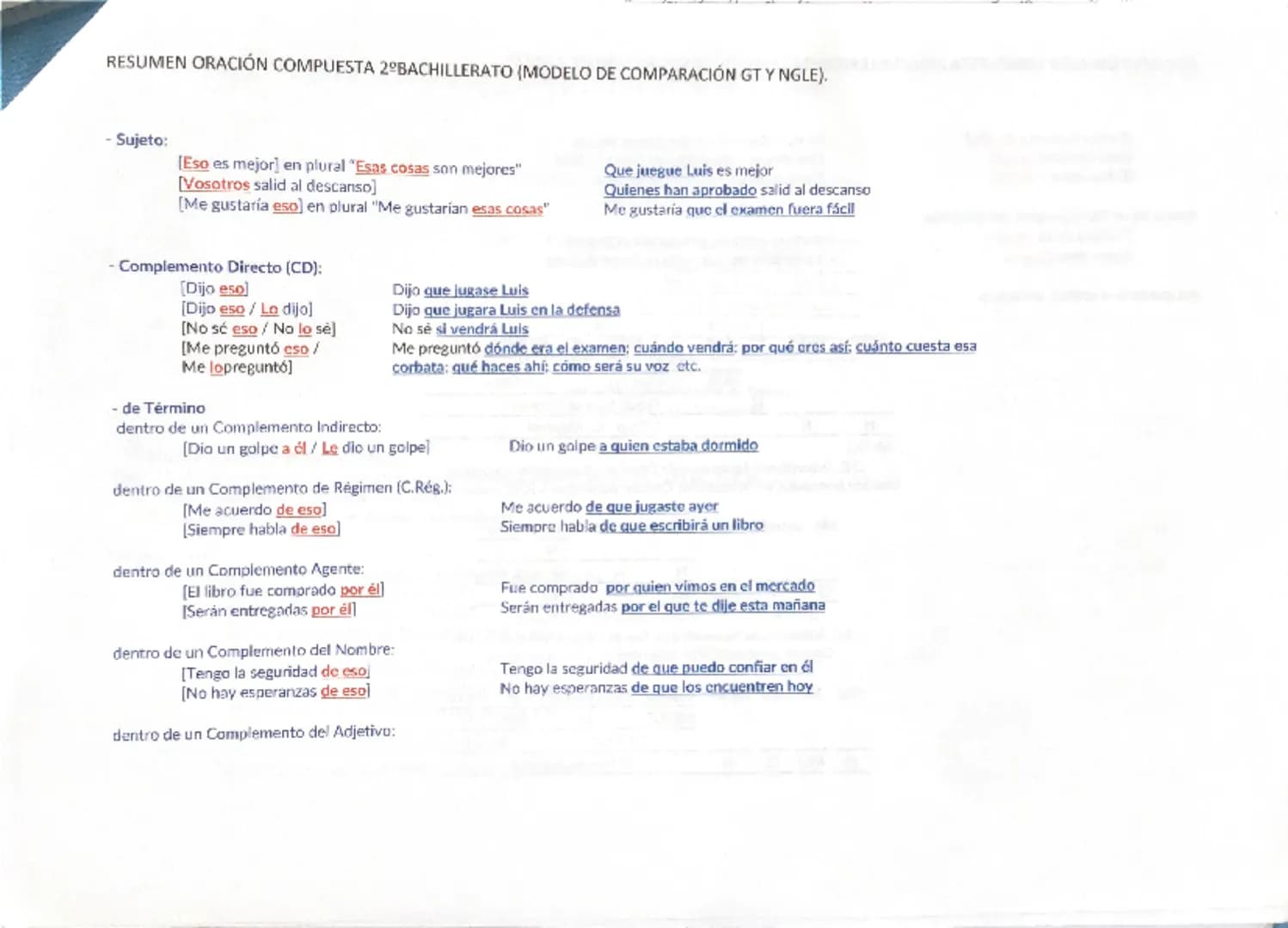 # RESUMEN ORACIÓN COMPUESTA 2º BACHILLERATO (MODELO DE COMPARACIÓN GT Y NGLE).
Una oración es compuesta (o compleja) cuando tiene más de do