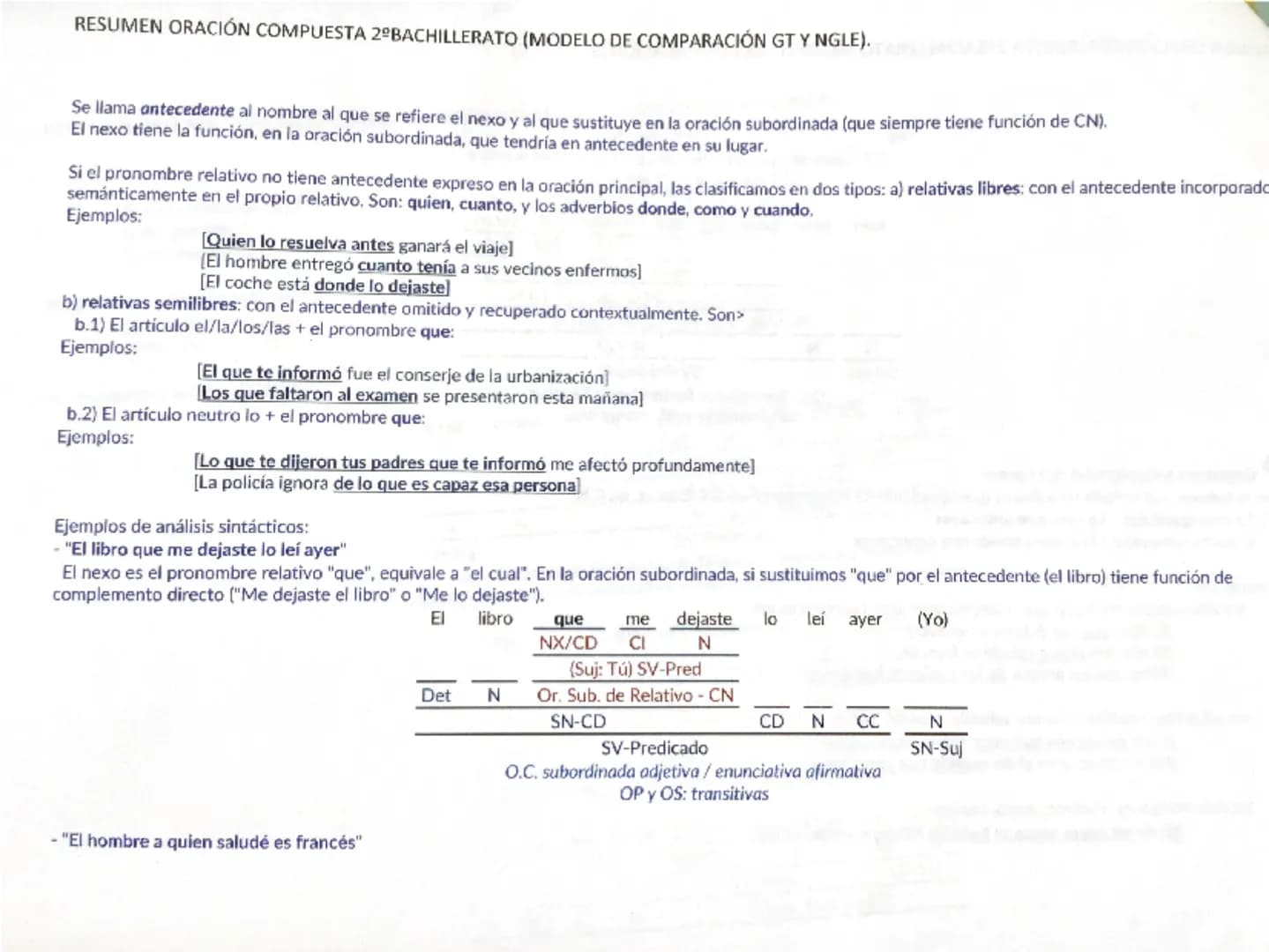 # RESUMEN ORACIÓN COMPUESTA 2º BACHILLERATO (MODELO DE COMPARACIÓN GT Y NGLE).
Una oración es compuesta (o compleja) cuando tiene más de do