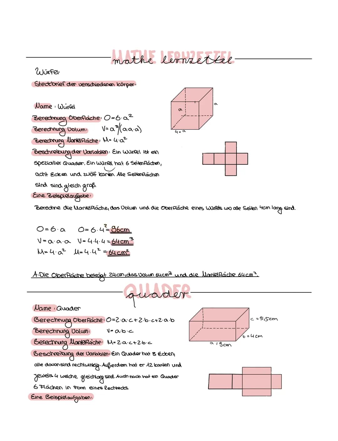 # mathe lernsettel
Würfel
Steckbrief der verschiedenen körper
Name: Würfel
Berechnung Oberflaiche: 0=6.a²
Berechnung Dolum: V= $a^3$/(a