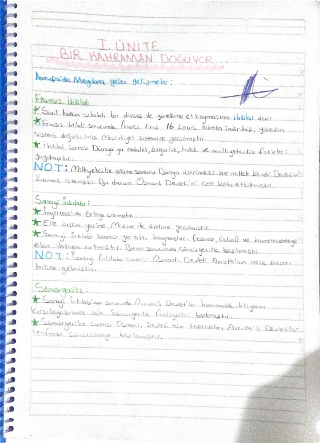 # I. ÜNİTE
BIR KAHRAMAN DOĞUVOR...
Avrupa'da Meydana gelen gelişmeler:
Fransız intilad
* Sivil halkın silahlı bir direniş ile yönetime el