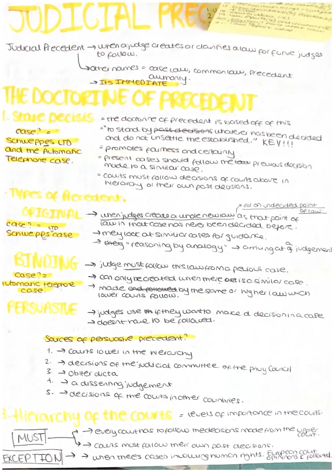 # JUDICIAL PREC
mervo meun
cave
Judicial Precedent when a judge creates or danifies alaw for furve judges
ها
to folow.
→other names = ca