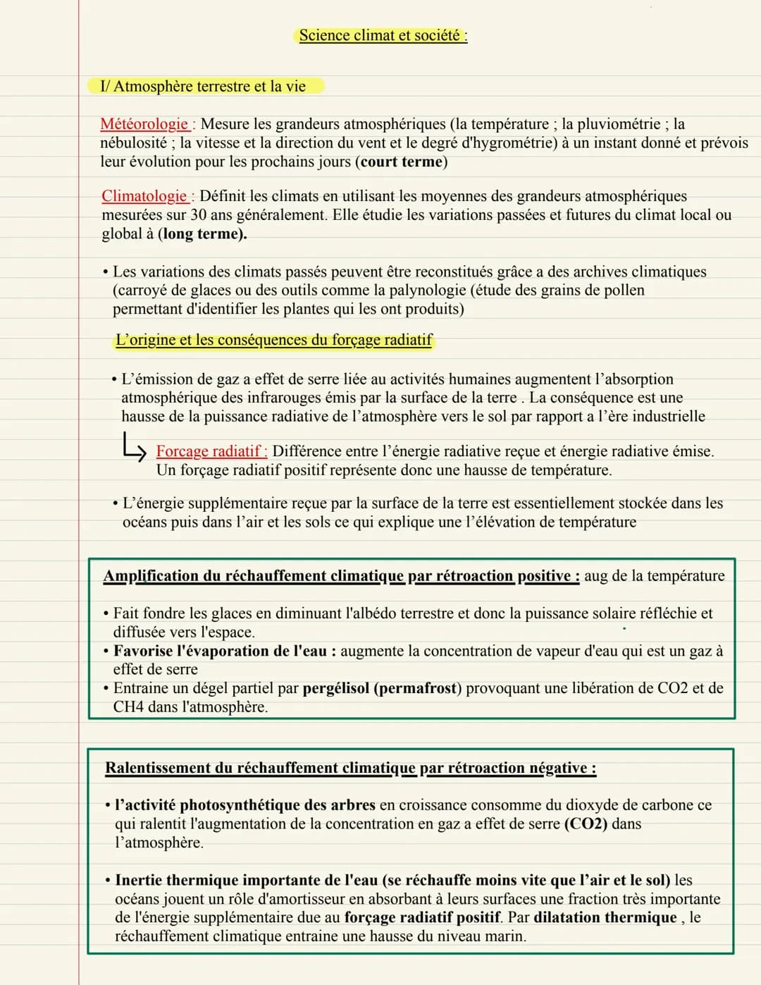 # Science climat et société :
I/ Atmosphère terrestre et la vie
Météorologie: Mesure les grandeurs atmosphériques (la température; la pluv