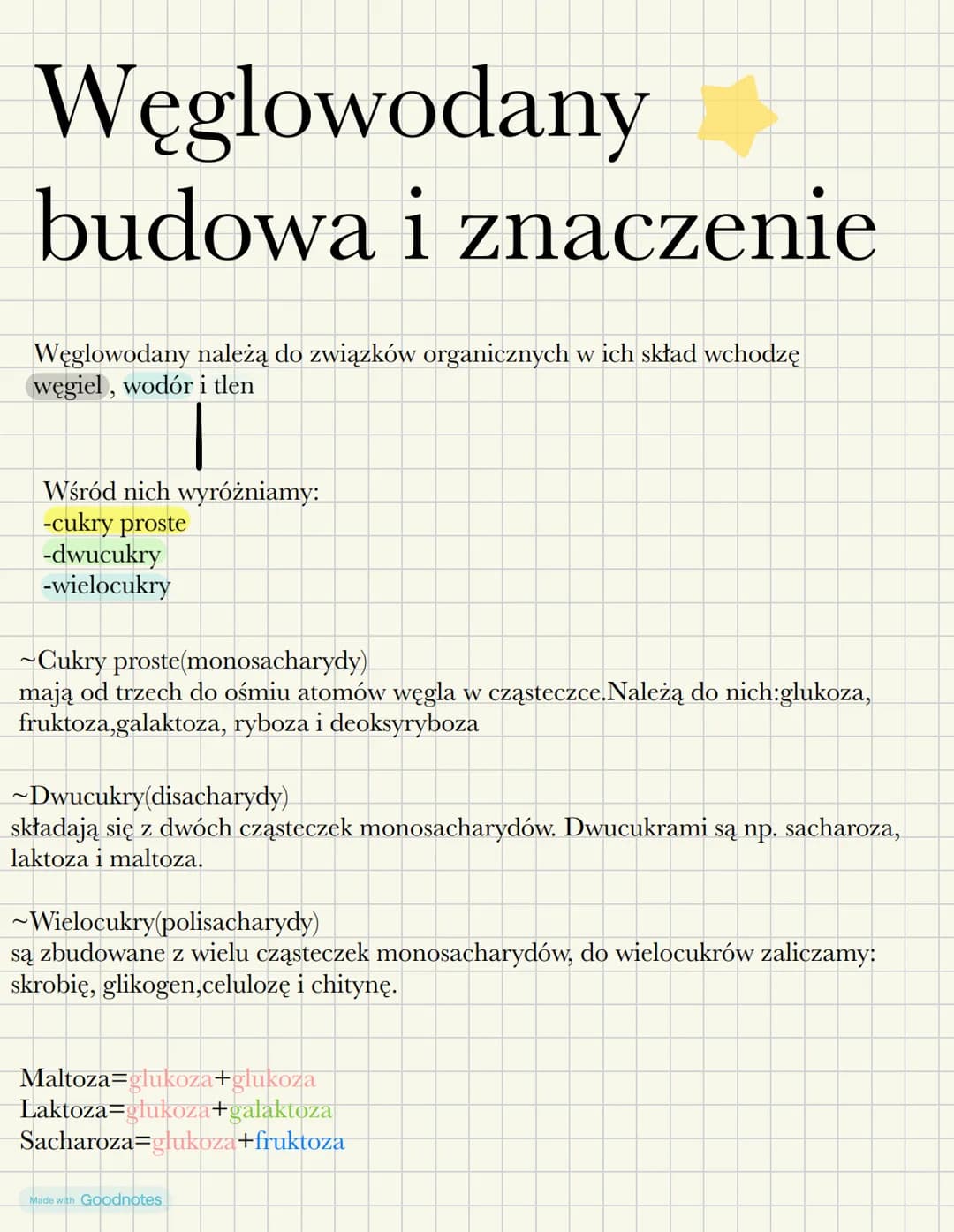 # Węglowodany
# budowa i znaczenie
Węglowodany należą do związków organicznych w ich skład wchodzę
węgiel, wodór i tlen
Wśród nich wyróżn