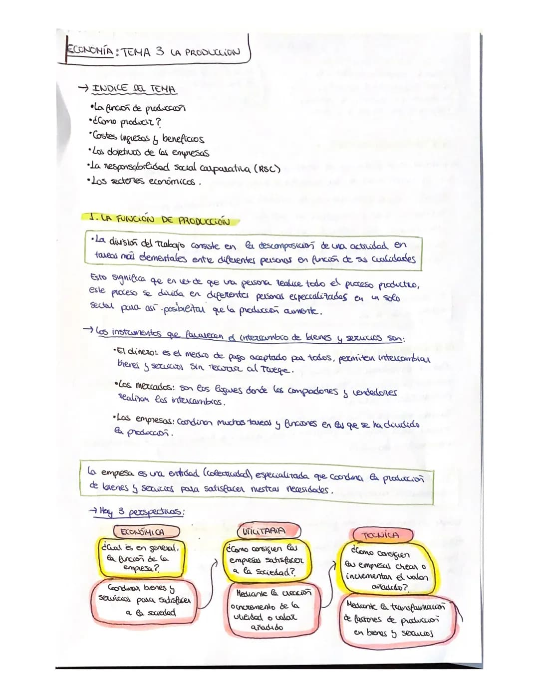 ECONOMÍA: TEMA 3 LA PRODUCCION
→INDICE DEL TEMA
* La función de producción
* ¿Cono producir?
* Costes ingresos & beneficios
* Los d