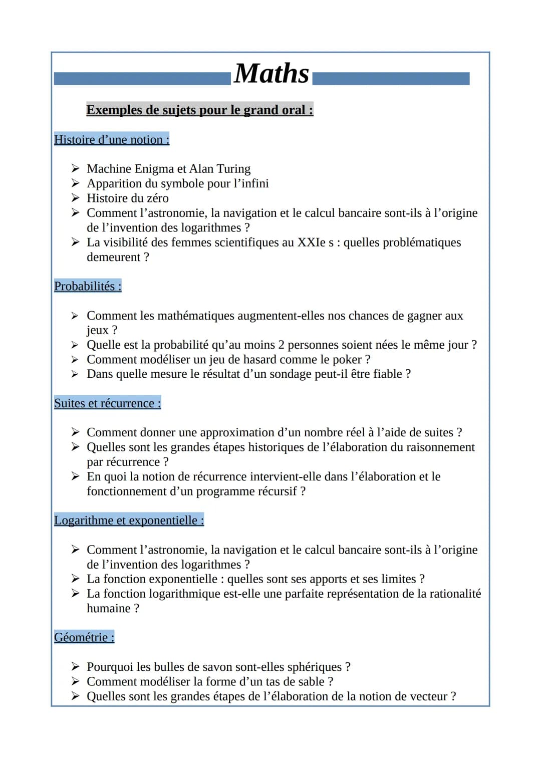 # Maths
Exemples de sujets pour le grand oral :
Histoire d'une notion :
➤ Machine Enigma et Alan Turing
➤ Apparition du symbole pour l'i
