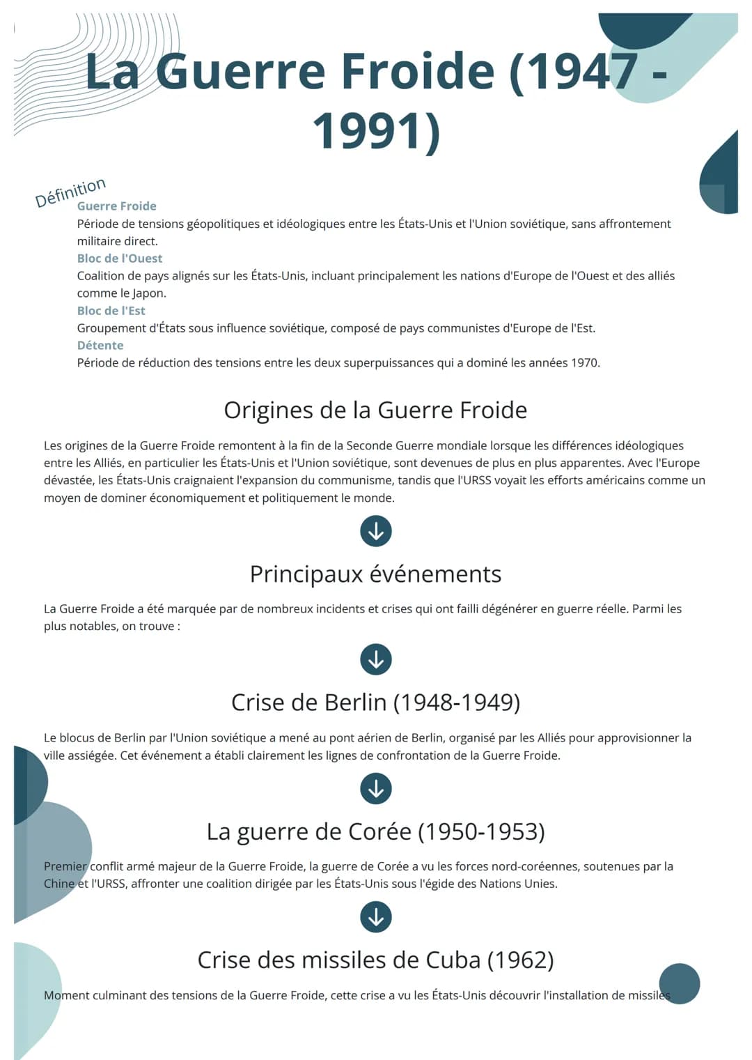 # La Guerre Froide (1947 -
# Définition
Guerre Froide
1991)
Période de tensions géopolitiques et idéologiques entre les États-Unis et l'