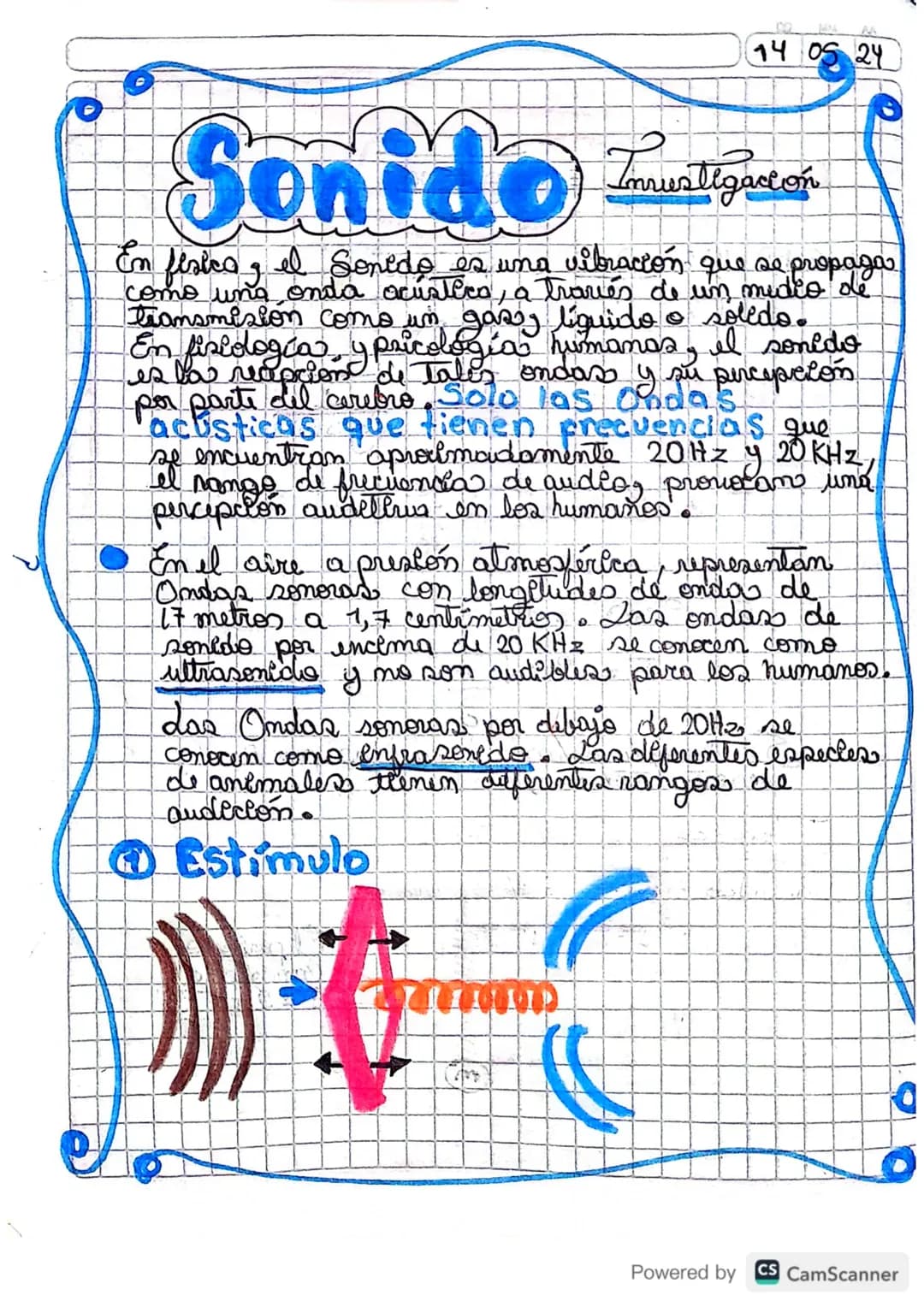 02
14 05 24
# Sonido
Investigación
En fisica y el Sonido es una vibración que se propaga
como una onda acústica, a través de un medio de