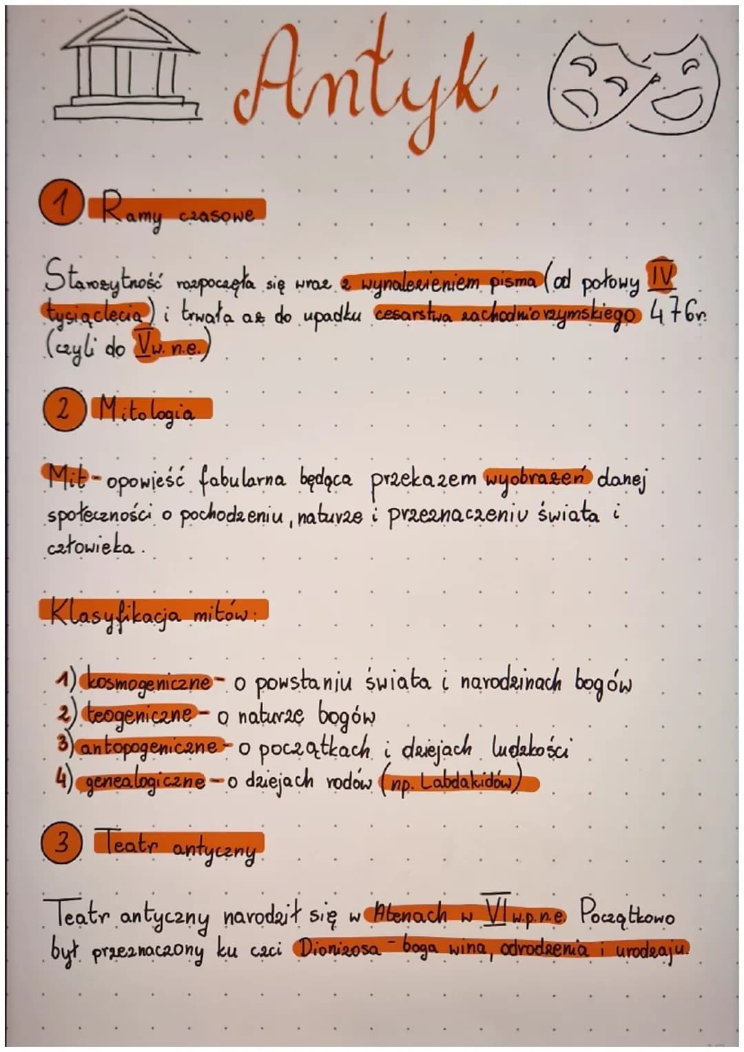 # Antyk
⑪ Ramy czasowe
Starosytność rozpoczęła się wraz z wynalezieniem pisma (ad połowy IV
tysiąclecia) i trwała as do upadku cesarstva r