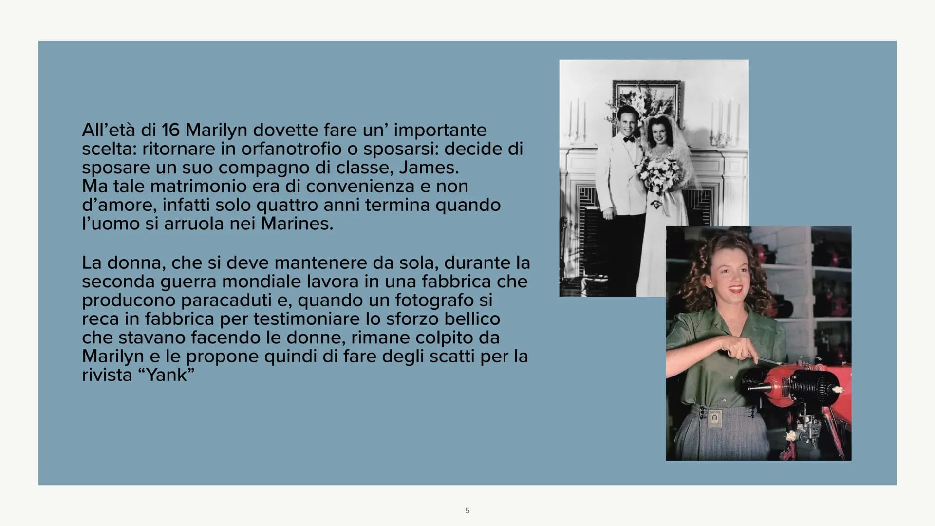 # Marilyn Monroe
LA STORIA
1 Marilyn Monroe, pseudonimo di Norma
Jeane Mortenson Baker, nasce nel 1926 a
Los Angeles.
Sua madre è molto po