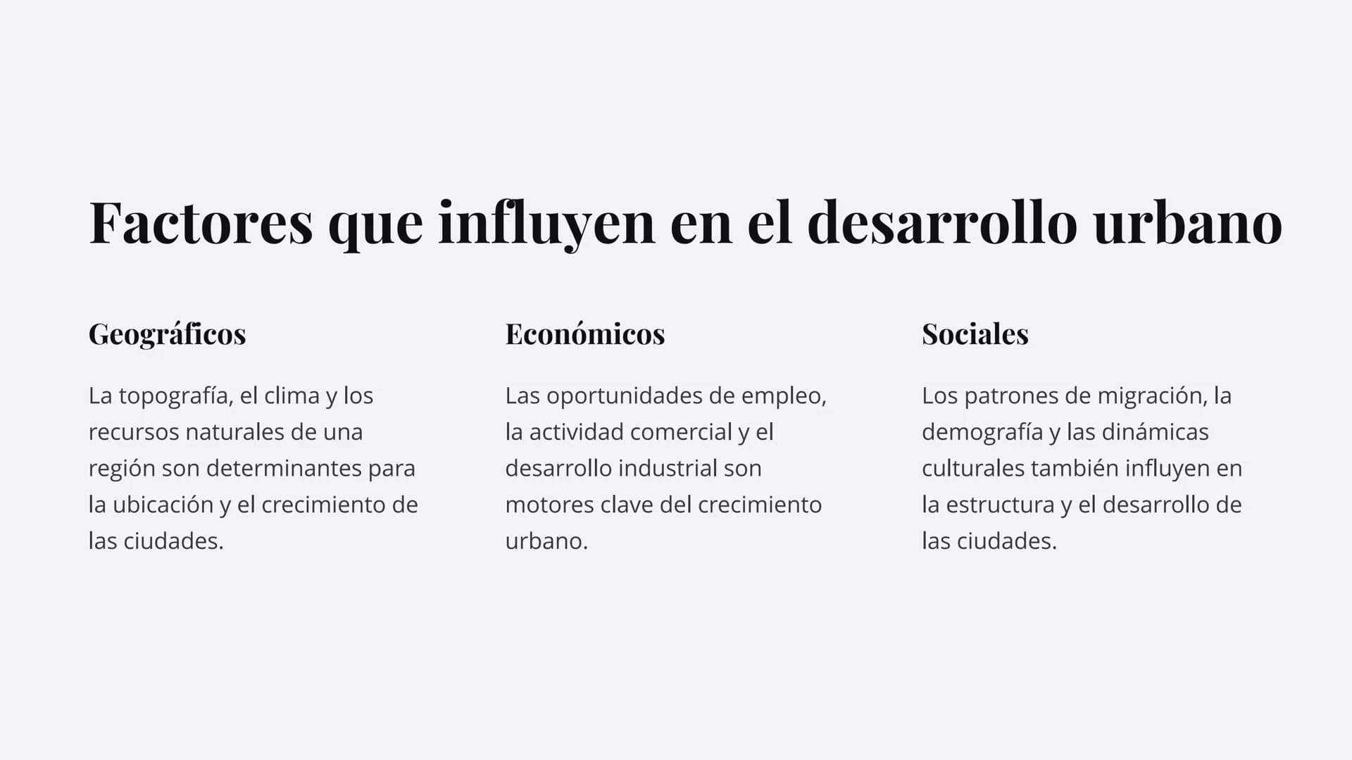la geografía
urbana
La geografía urbana es el estudio de las ciudades, su
desarrollo, estructura y problemas. Examina cómo los factores
geo