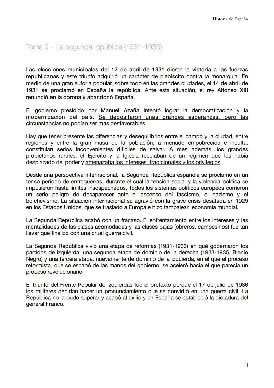Historia de España
Tema 9 - La segunda república (1931-1936)
Las elecciones municipales del 12 de abril de 1931 dieron la victoria a las f