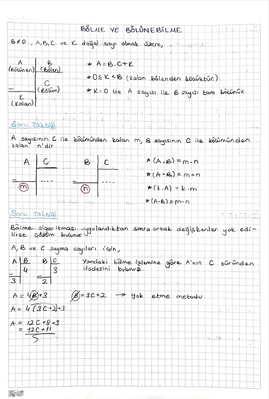 # BÖLME VE BÖLÜNEBİLME
B≠0, A, B, C ve k doğal sayı olmak üzere,
| A (Bölünen) | B (Bôlen) |
|---|---|
| - |
| K (Kalan) | C (Bolim) |
*