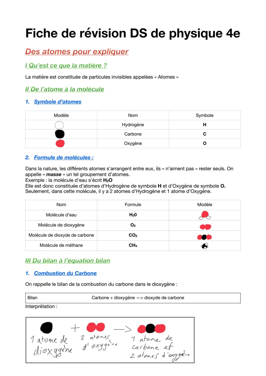 # Fiche de révision DS de physique 4e
## Des atomes pour expliquer
### I Qu'est ce que la matière ?
La matière est constituée de particul