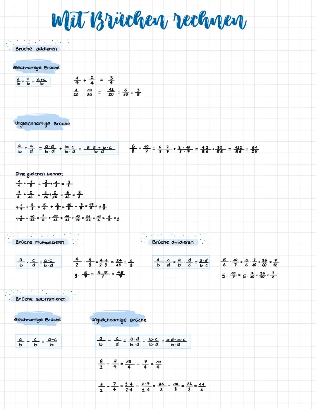 # Mit Brüchen rechnen
Bruche addieren
Gleichnamige Brüche
$\frac{a}{b} + \frac{c}{b} = \frac{a+c}{b}$
$\frac{1}{4} + \frac{2}{4} = \frac