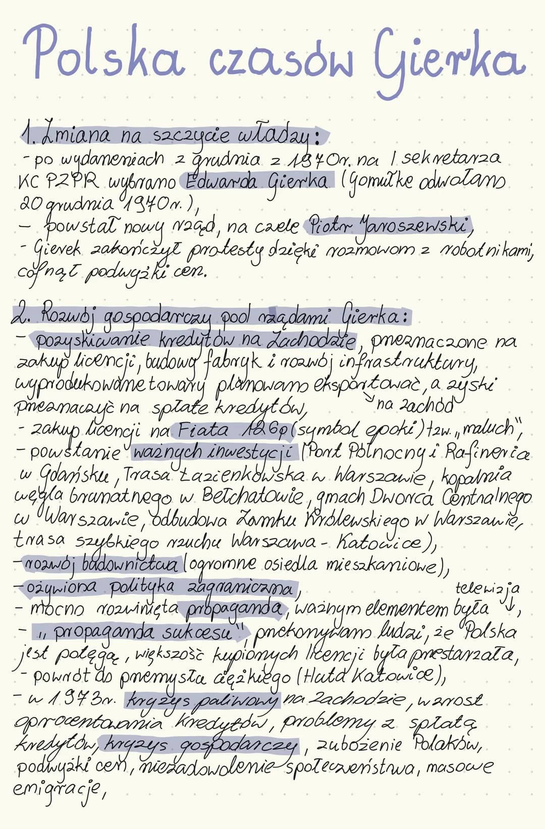 # Polska czasów Gierka
1. Zmiana na szczycie władzy:
- po wydaneniach z grudnia z 197Or. na I sekretarza
KC PZPR wybrano Edwarda Gierka (go