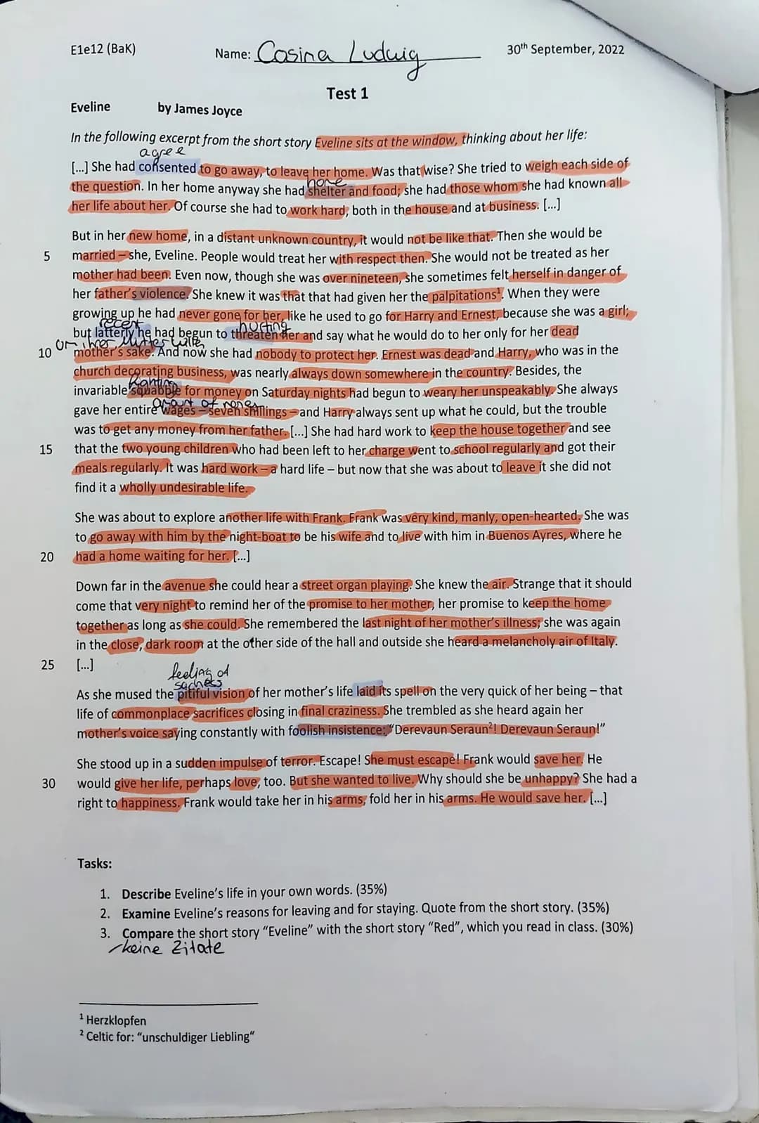 E1e12 (BaK)
Name: Casina Ludwig
30th September, 2022
Test 1
Eveline
by James Joyce
In the following excerpt from the short story Eveline