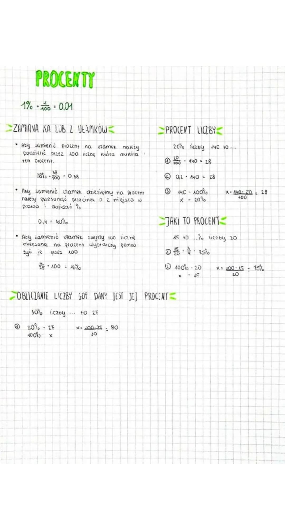 # PROCENTY
$1\% = \frac{1}{100} = 0.01$
ZAMIANA NA LUB Z VEAMKOW
* Aby zamienić procent na utamik należy
podzielić przez 100 μετος κιότ