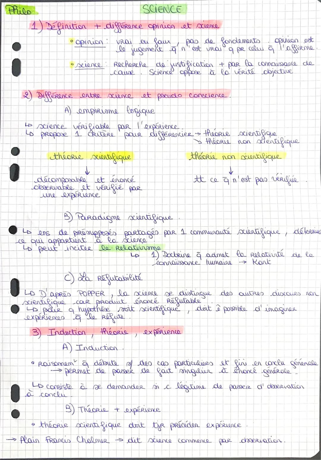 Philo
SCIENCE
1) Définition + différence opinion et science
• opinion: vrai on faux, pas de fondementspirion est
le jugement n'est vrai 9 pr