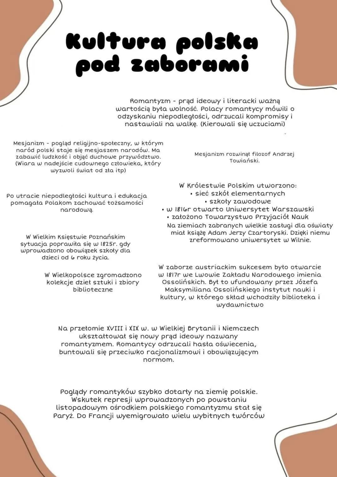 # Kultura polska
pod zaborami
Romantyzm prąd ideowy i literacki ważną
wartością była wolność. Polacy romantycy mówili o
odzyskaniu niepodle