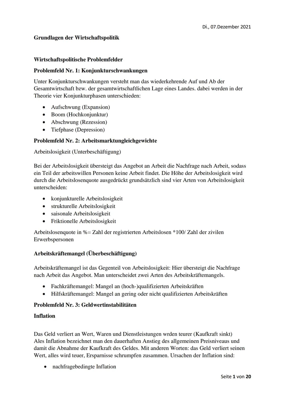 Di., 07.Dezember 2021
Grundlagen der Wirtschaftspolitik
Wirtschaftspolitische Problemfelder
Problemfeld Nr. 1: Konjunkturschwankungen
Un