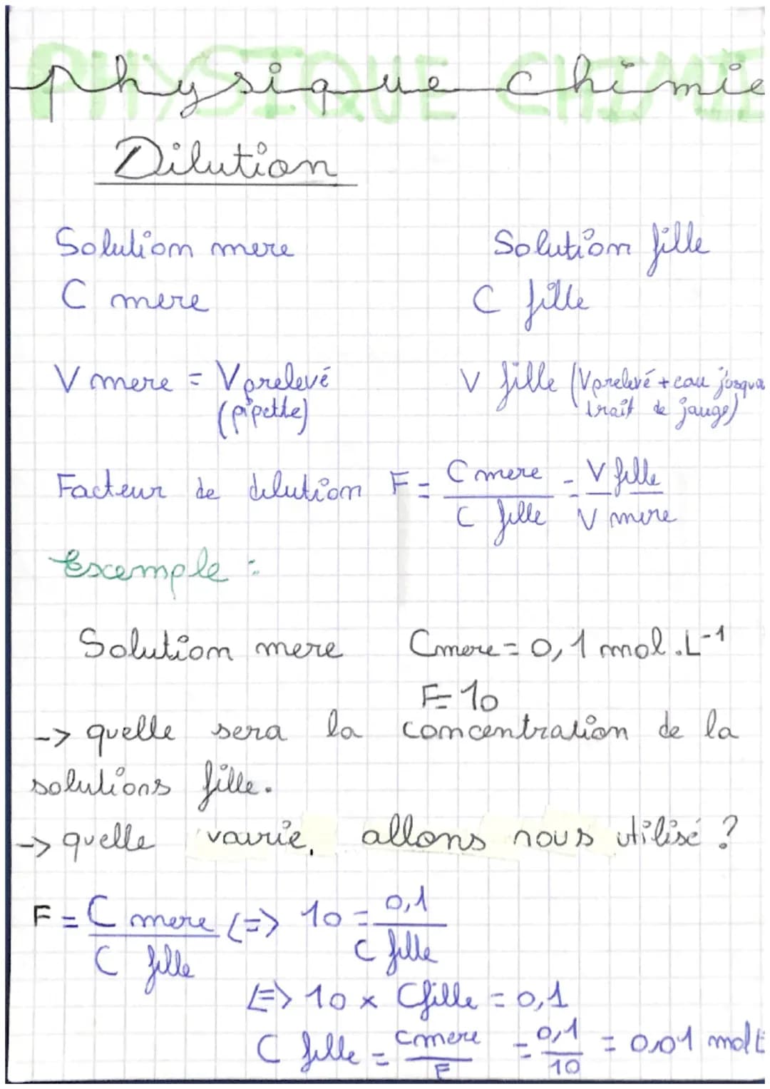 # physique chimie
Dilution
Solution mere
Solution fille
C mere
C fille
V mere = Vprelevé
(pipette)
V fille (Varelivé + cau jusqua
tra