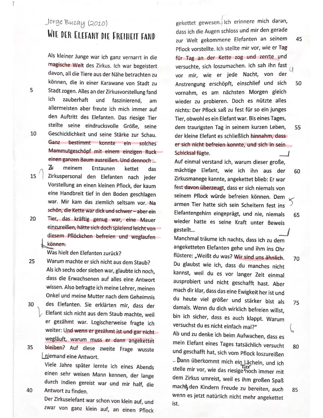 Bewertungsbogen zu Jorge Bucay's Parabel „Wie der Elefant die Freiheit fand"
Name der Schülerin:
Inhaltliche Leistung
Kriterien: Die Schü