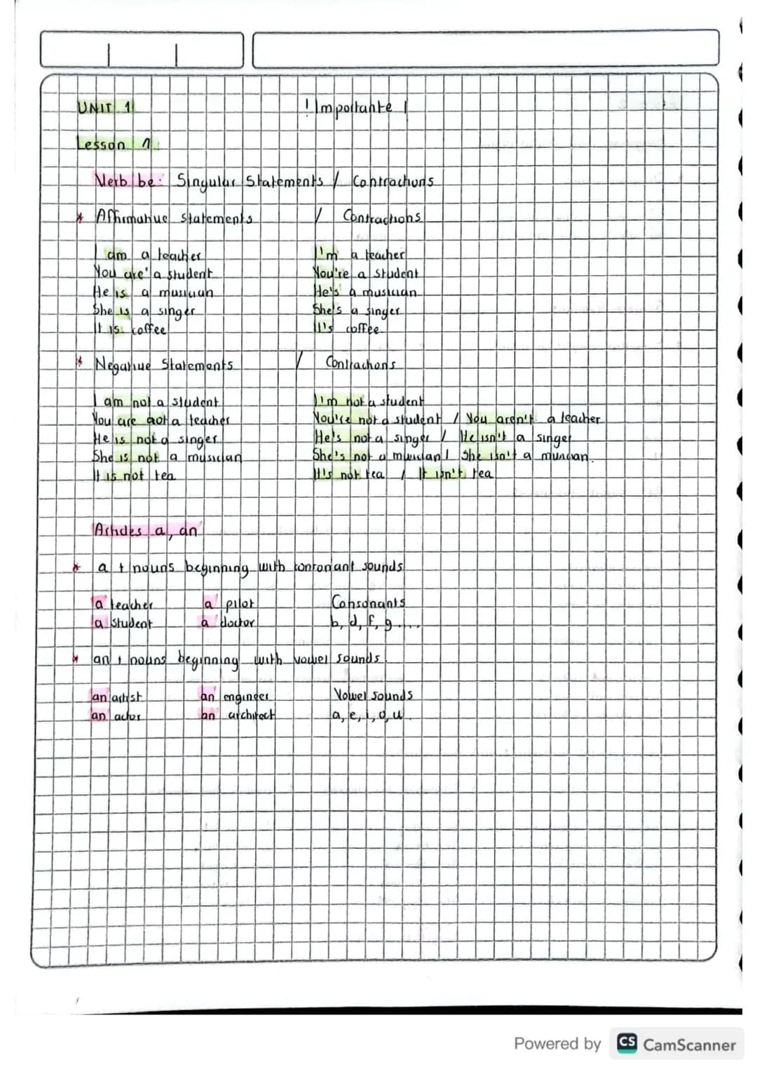 UNIT 1
Importante
Lesson n
Merb be Singular Statements.
Contrachons
* Affhimahue Statements.
Contrachons
am a teacher
I'm a teacher
You