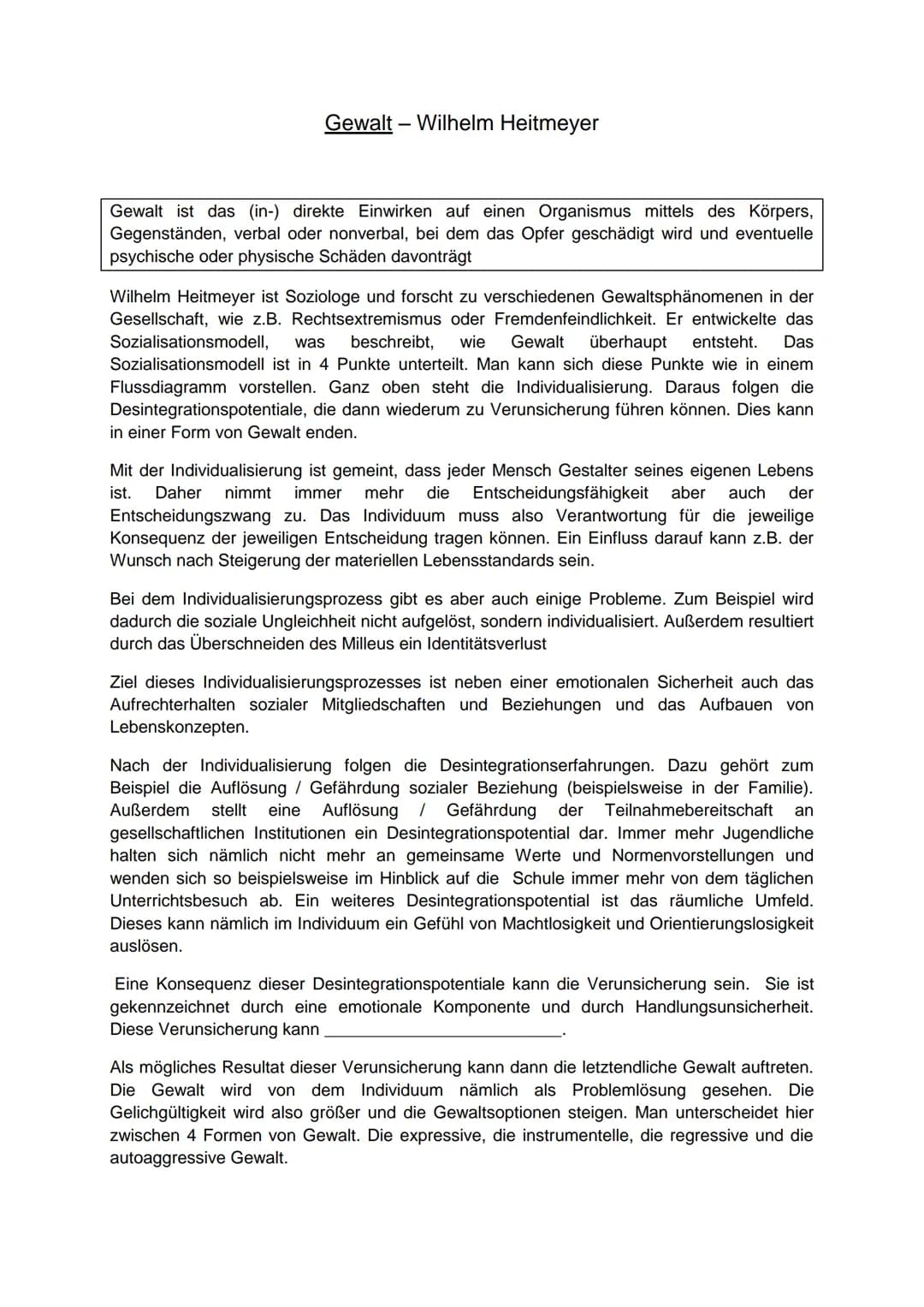 # Gewalt - Wilhelm Heitmeyer
Gewalt ist das (in-) direkte Einwirken auf einen Organismus mittels des Körpers,
Gegenständen, verbal oder non
