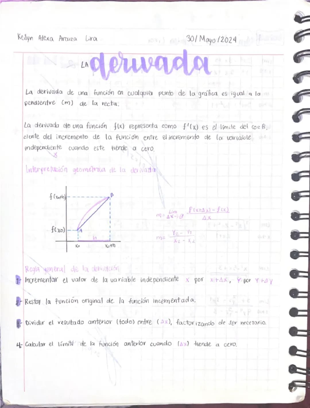 Keilyn Alexa Araiza Lira
30/Mayo /2024
LA derivada
La derivada de una función en cualquier punto de la gráfica es igual a lam
pendientre (