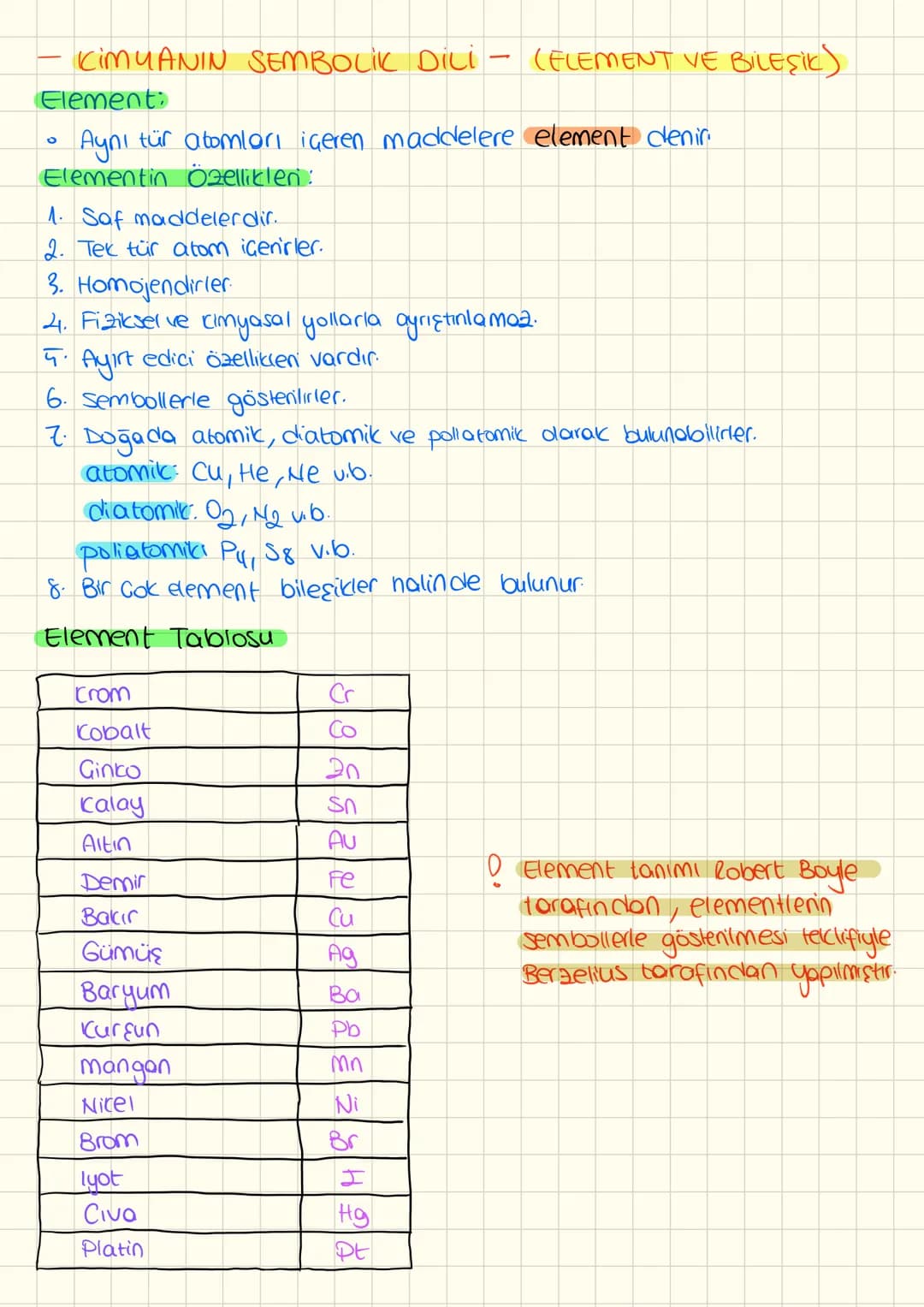 - KIMYANIN SEMBOLIK DILI - (ELEMENT VE BILEŞİK)
Element:
* Aynı tür atomları içeren maddelere element denir.
Elementin Özelliklen:
1.