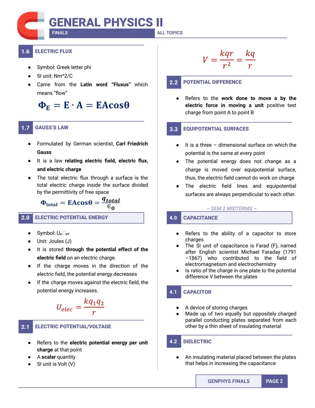 GENERAL PHYSICS II
FINALS
- SEM 2 ALL TOPICS -
1.0 ELECTROSTATICS
Refers to studying all phenomena with electric
charges at rest
1.1 ELECTRI