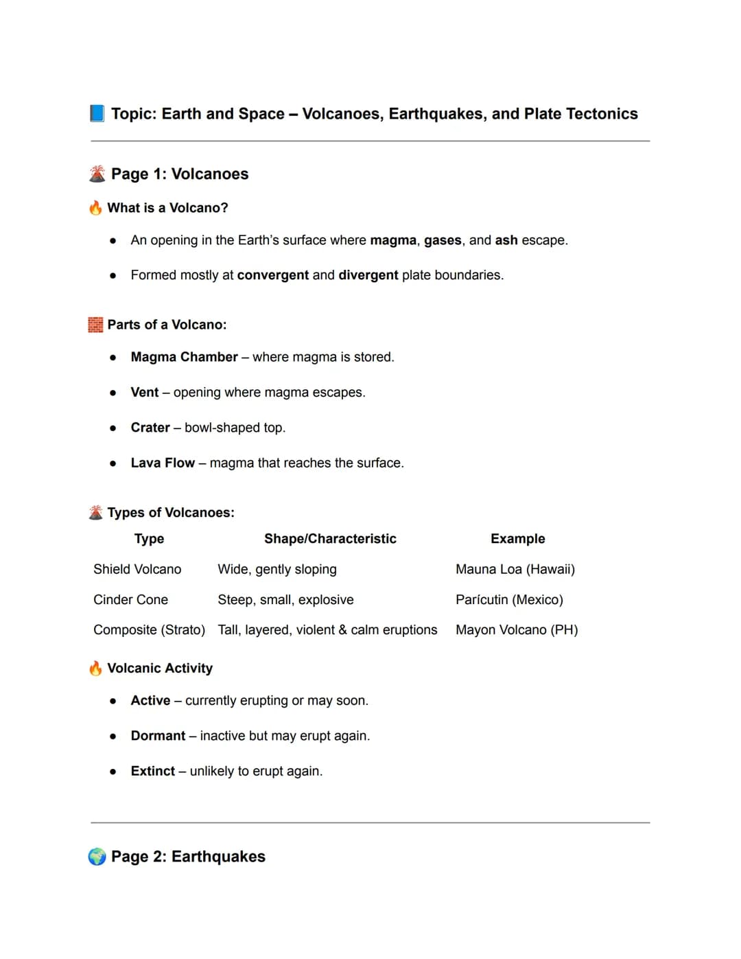 Topic: Earth and Space - Volcanoes, Earthquakes, and Plate Tectonics
Page 1: Volcanoes
What is a Volcano?
- An opening in the Earth's surfac