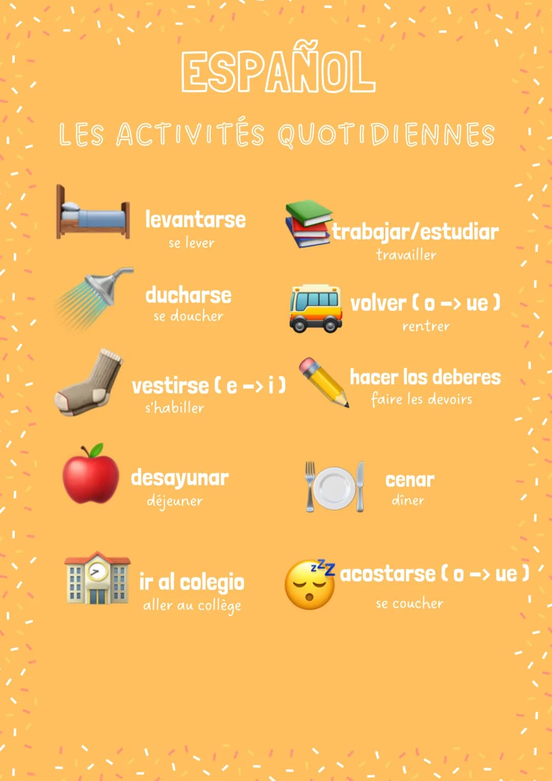 ESPAÑOL
LES ACTIVITÉS QUOTIDIENNES
levantarse
se lever
ducharse
se doucher
trabajar/estudiar
travailler
volver (o -> ue)
rentrer
vesti