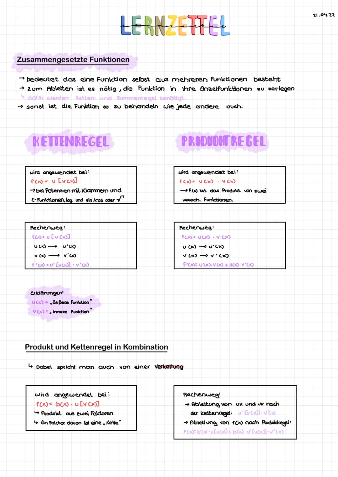 # LERNZETTEL
Zusammengesetzte Funktionen
→bedeutet das eine Funktion selbst cius mehreren Funktionen besteht
→ zum Ableiten ist es nötig,