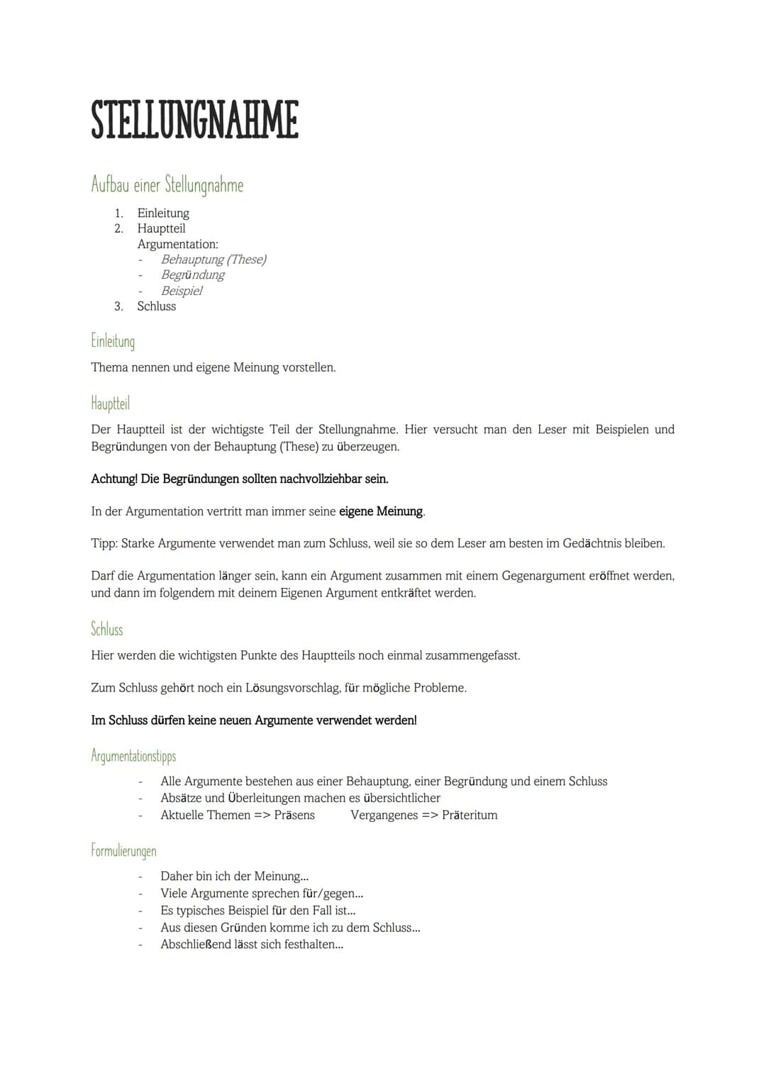# STELLUNGNAHME
Aufbau einer Stellungnahme
1. Einleitung
2. Hauptteil
Argumentation:
- Behauptung (These)
- Begründung
- Beisp
