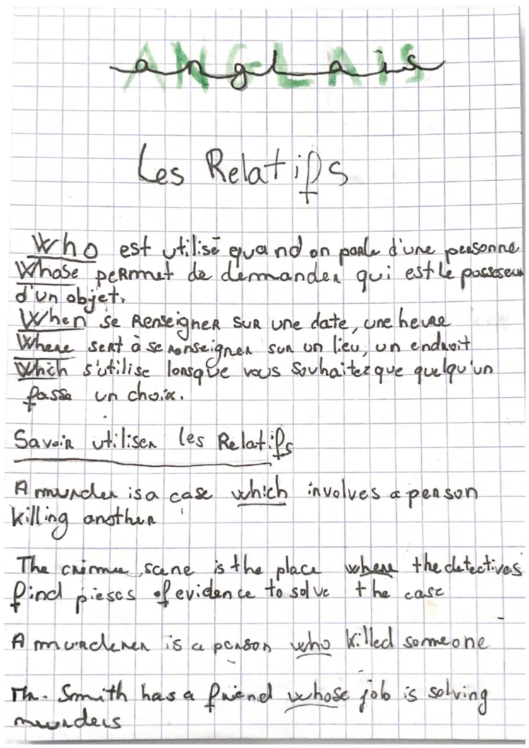 # anglais
Les Relatifs
who est utilise quand on parle d'une personne
Whase permet de dermander qui est le passoseun
d'un objet.
When se Re