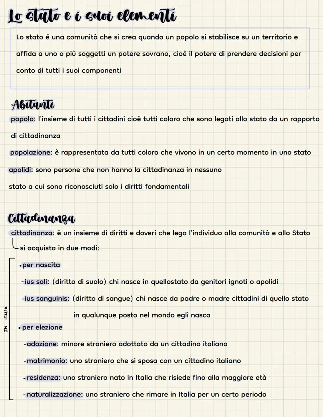 # Lo stato e i suoi elementi
Lo stato é una comunità che si crea quando un popolo si stabilisce su un territorio e
affida a uno o più sogge